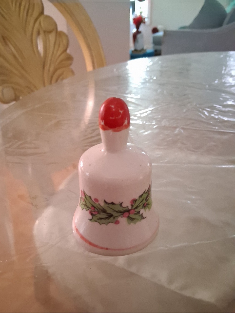 Holiday Ceramic Bell - White and Red Decorative Table Accent